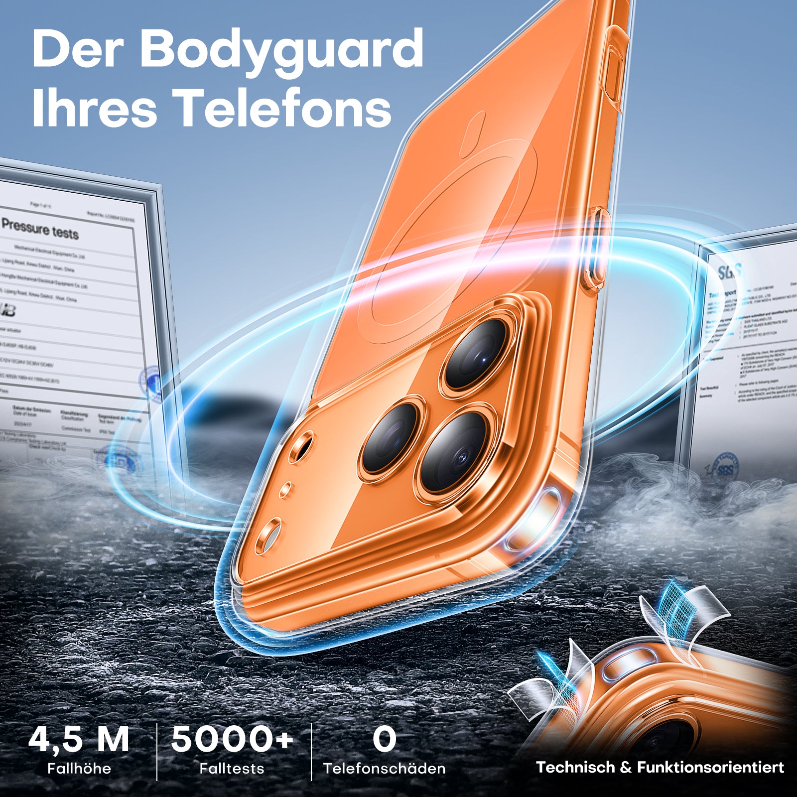 TAURI Original Design for iPhone 17 Pro Case, Compatible with MagSafe with Screen Protector, Anti-Yellowing Military-Grade Protection Shockproof Magnetic iPhone 17 Pro Case, Clear Orange