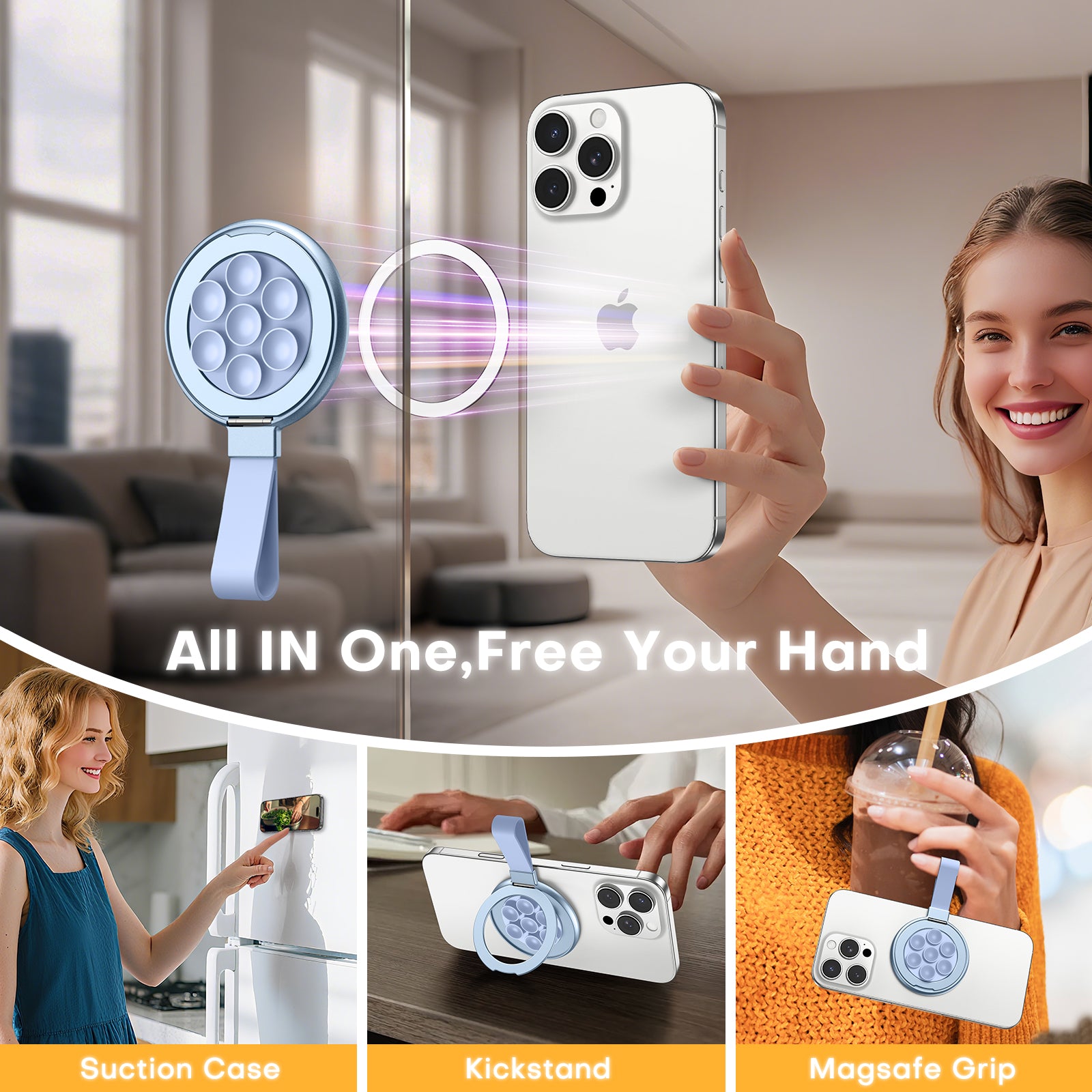 TAURI for Magsafe Suction Phone Grip - Universal Magnetic Suction Grip, 360° Rotating Hands-Free Holder, Silicone Suction Grip for iPhone 16 Pro Max/15/Android/S25,Blue