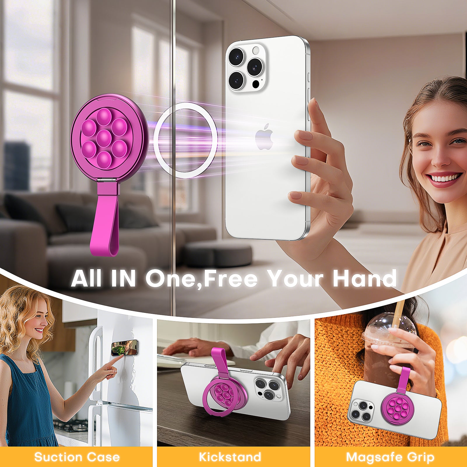 TAURI for Magsafe Suction Phone Grip - Universal Magnetic Suction Grip, 360° Rotating Hands-Free Holder, Silicone Suction Grip for iPhone 16 Pro Max/15/Android/S25,Hot Pink