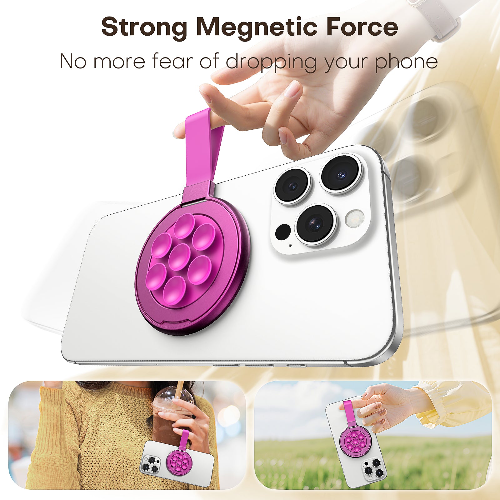 TAURI for Magsafe Suction Phone Grip - Universal Magnetic Suction Grip, 360° Rotating Hands-Free Holder, Silicone Suction Grip for iPhone 16 Pro Max/15/Android/S25,Hot Pink