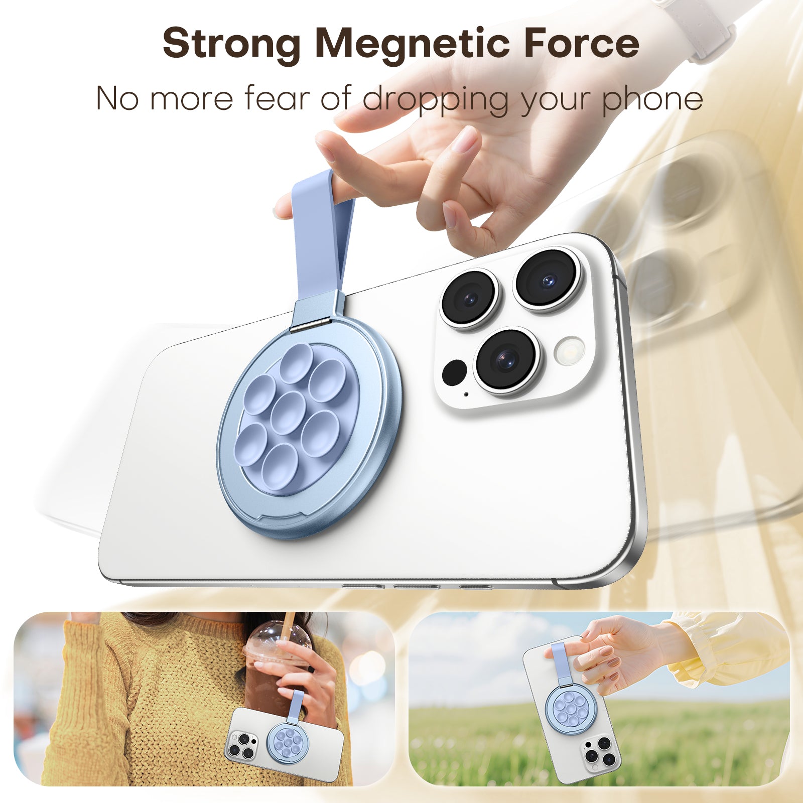 TAURI for Magsafe Suction Phone Grip - Universal Magnetic Suction Grip, 360° Rotating Hands-Free Holder, Silicone Suction Grip for iPhone 16 Pro Max/15/Android/S25,Blue