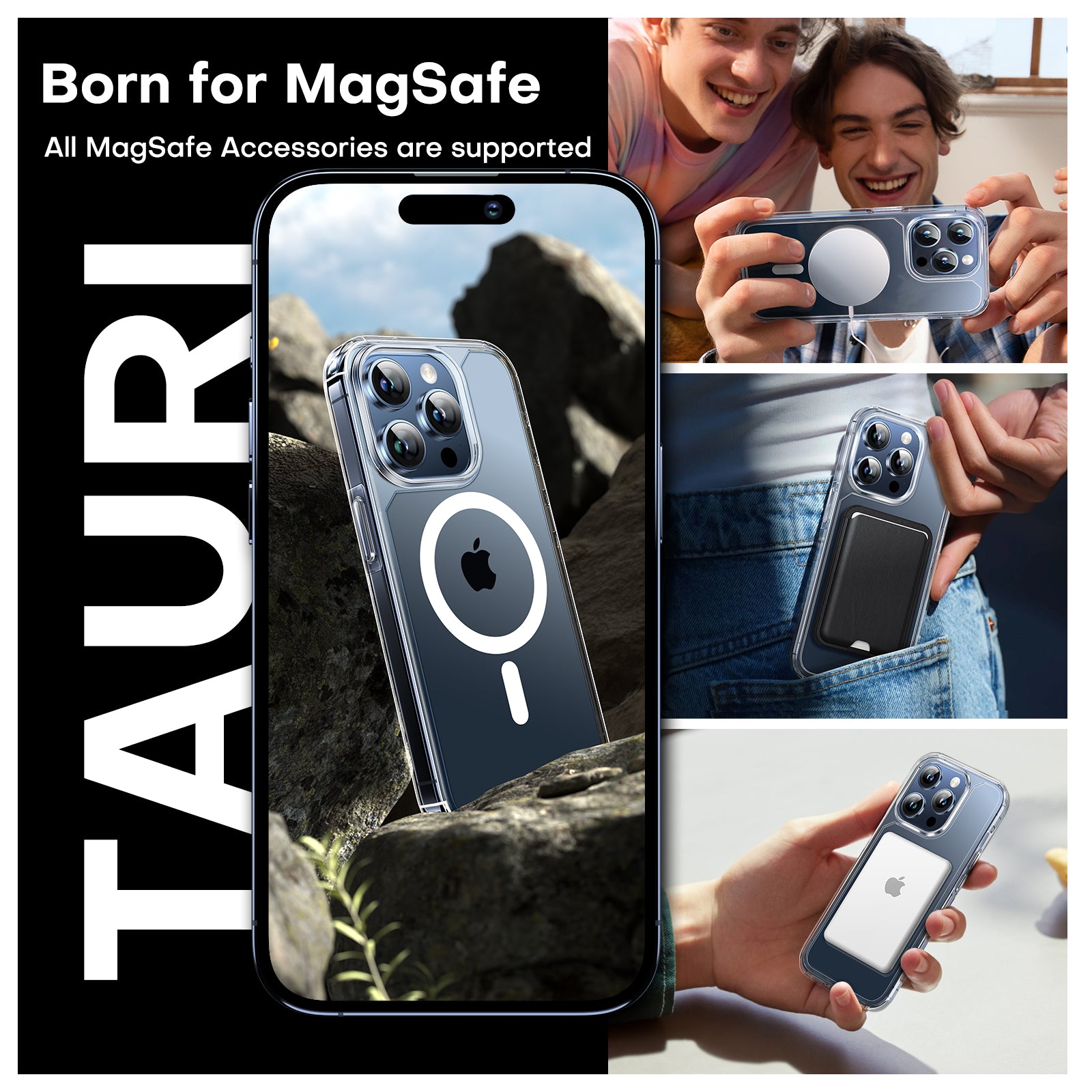 TAURI 5 in 1 Magnetic Case for iPhone 15 Pro [Military Grade Drop Protection] with 2X Screen Protector + 2X Camera Lens Protector, Transparent Slim Fit Case Mag-Safe-Clear