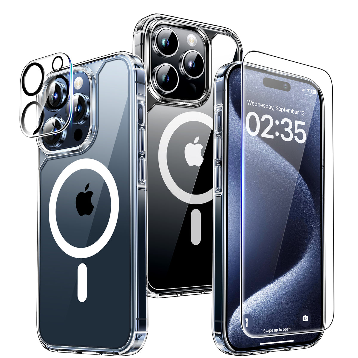 TAURI 5 in 1 Magnetic Case for iPhone 15 Pro Max [Mili-Grade Drop Protection] with 2X Screen Protector+2X Camera Lens Protector, Super Transparent Slim for iPhone 15 Pro Max Case Mag-Safe-Clear