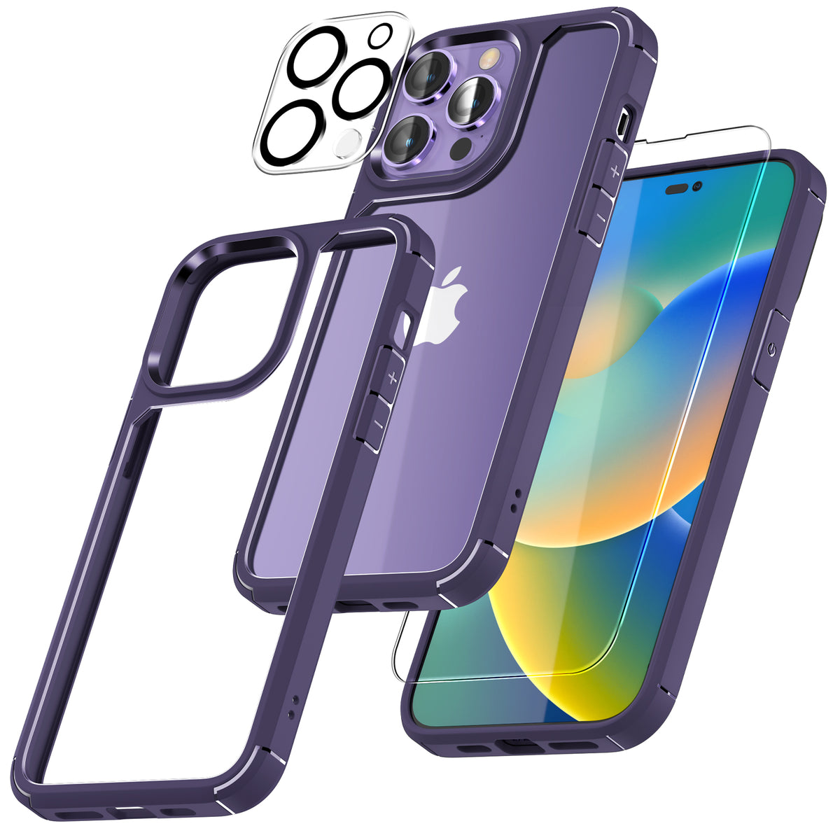 TAURI [5 in 1] for iPhone 14 Pro Max Case [Not Yellowing], with 2 Tempered Glass Screen Protectors + 2 Camera Lens Protectors [Military Grade Protection] Shockproof Slim 14 Pro Max 6.7 Inch, Purple