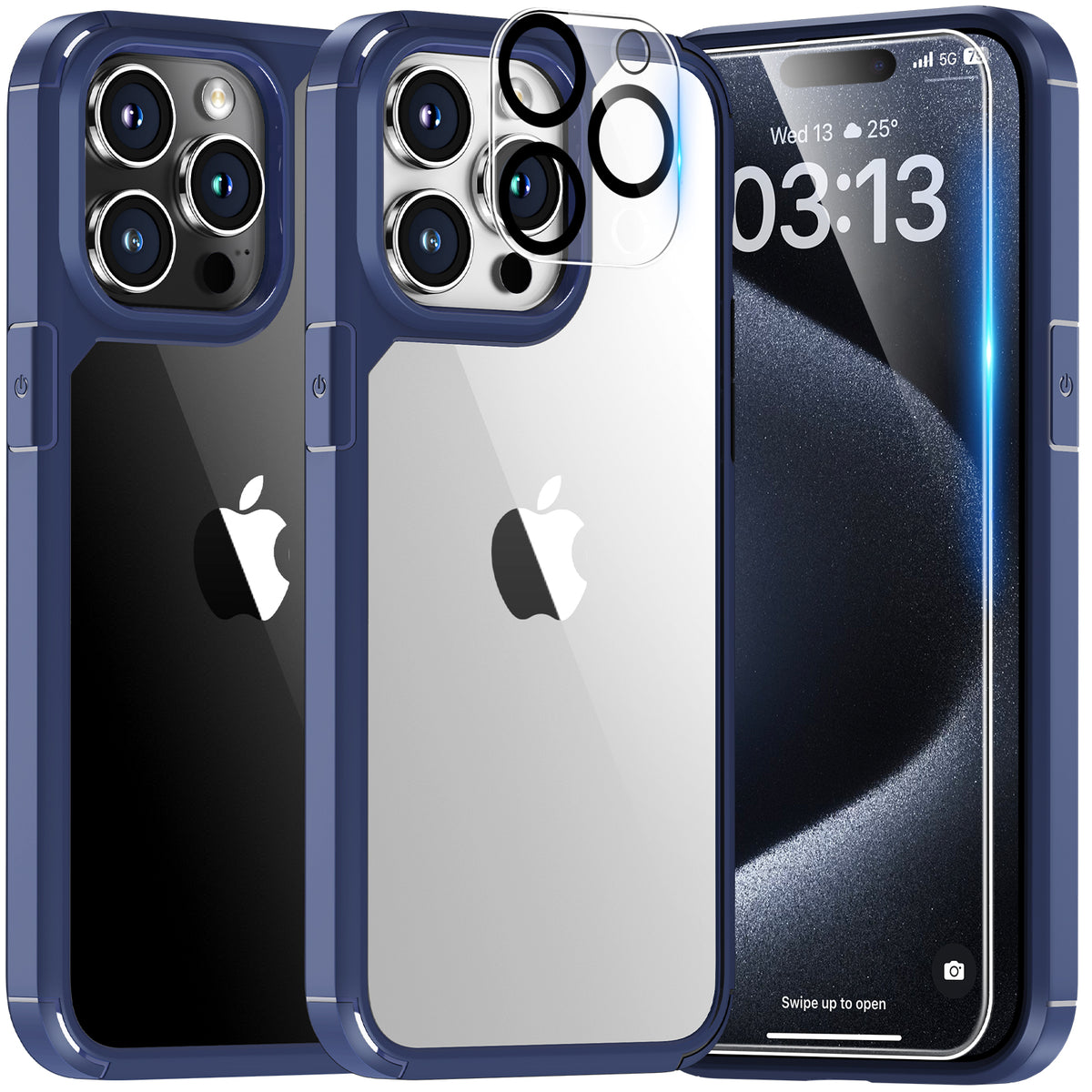 TAURI 5 in 1 for iPhone 15 Pro Case Clear, [Not-Yellowing] with 2X Screen Protector + 2X Camera Lens Protector, [15 FT Military Grade Protection] Slim Shockproof Case for iPhone 15 Pro 6.1 Inch