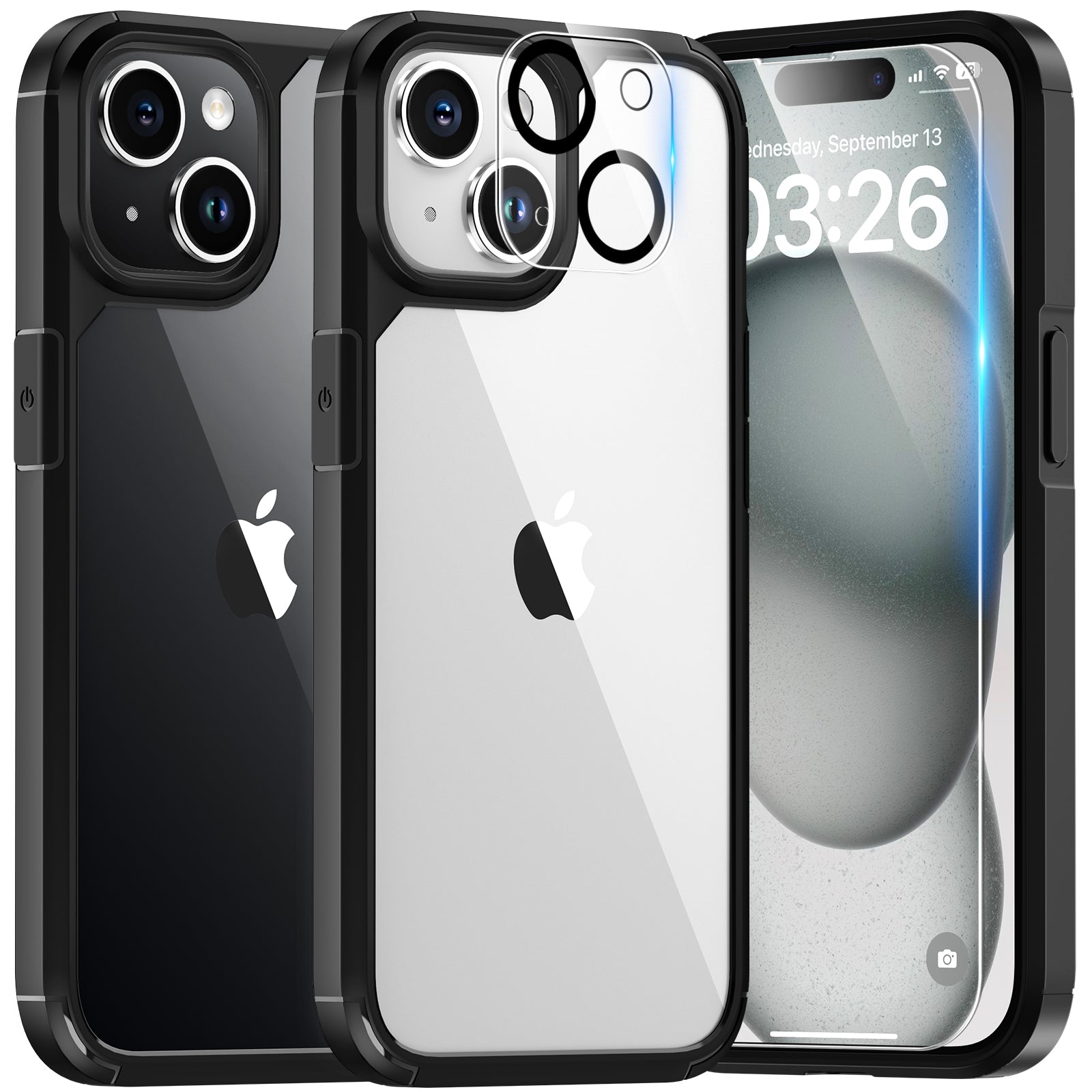 TAURI for iPhone 15 Case, [5 in 1] 1X Clear Case [Not-Yellowing] with 2X Screen Protector + 2X Camera Lens Protector, [Military Grade Drop Protection] Shockproof Slim Phone Case for iPhone 15, 6.1"