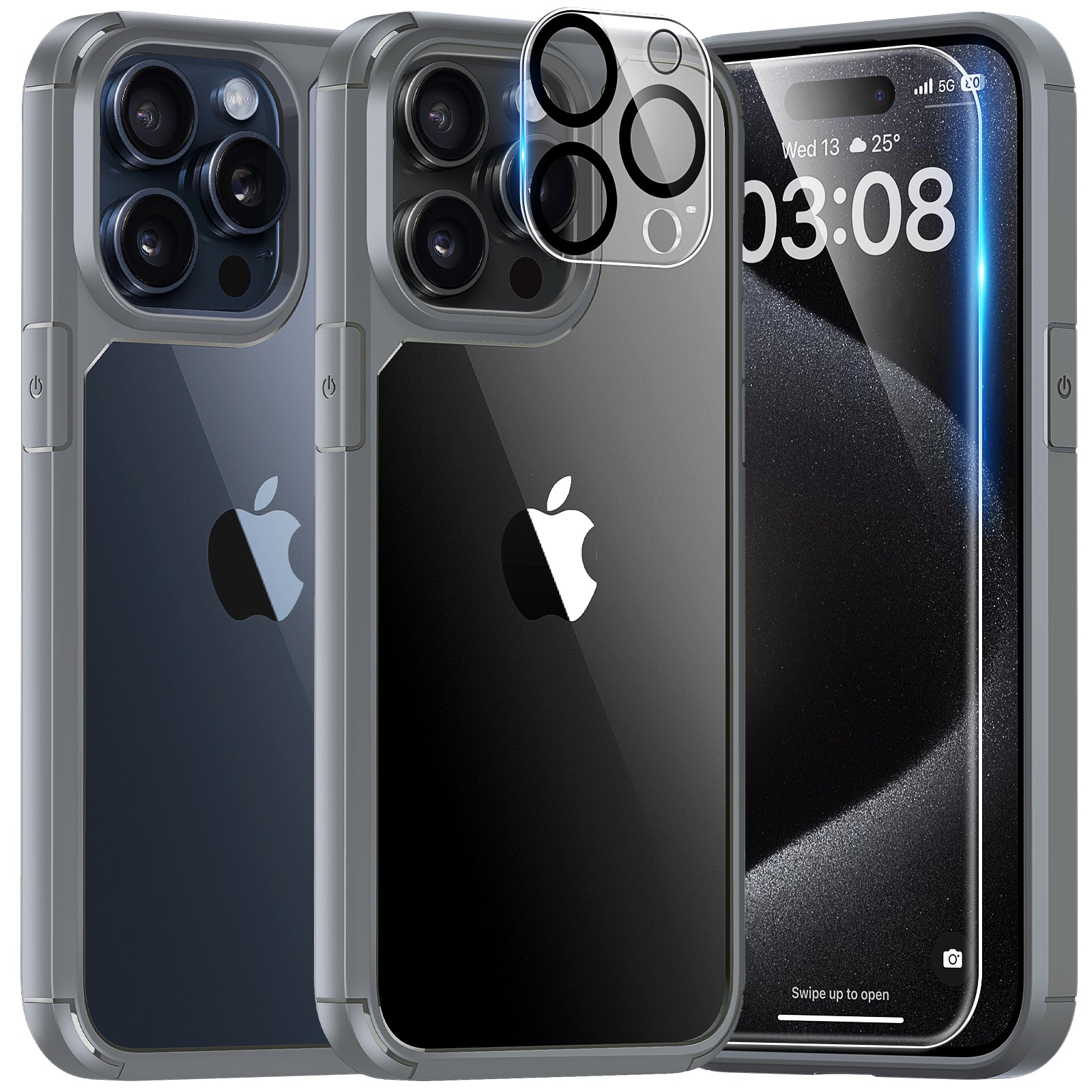 TAURI 5 in 1 for iPhone 15 Pro Max Case Crystal Clear Not Yellowing Military Drop Defense with 2X Tempered Glass Screen Protector 2X Camera