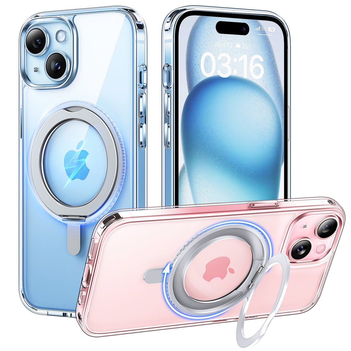 TAURI 360°Rotatable Magnetic Ring for iPhone 15 Case Black, [Designed for Magsafe] with Stand & Ring Holder, Translucent Matte Shockproof Slim Phone Case for iPhone 15, 6.1"
