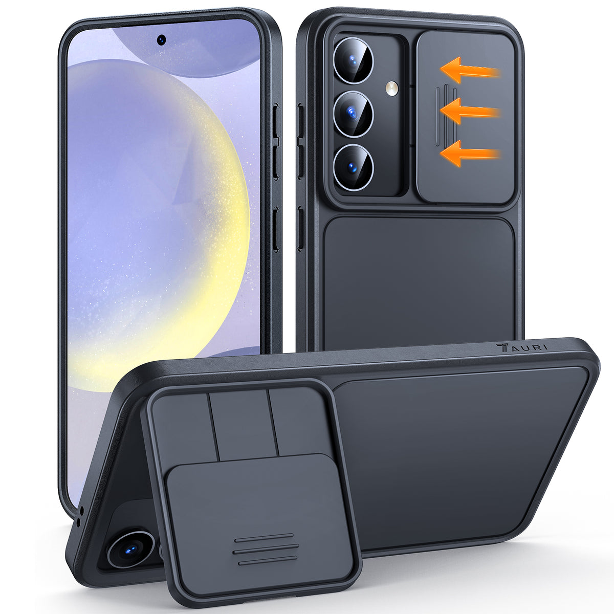 TAURI Kickstand for Samsung Galaxy S24 Plus Case with Camera Cover, [Rugged Drop Protection] [Slide Camera Cover], Hard Back Soft Edge Phone Case for Samsung Galaxy S24 Plus Case-Titanium Black