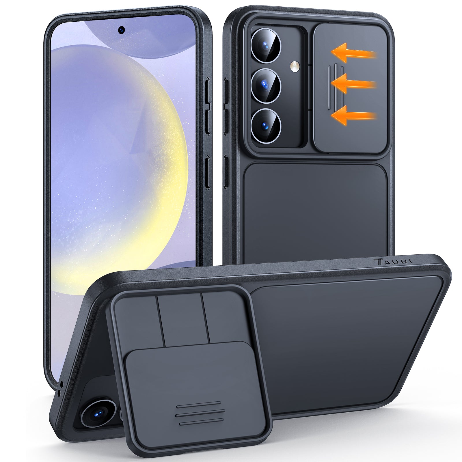TAURI Kickstand for Samsung Galaxy S24 Plus Case with Camera Cover, [Rugged Drop Protection] [Slide Camera Cover], Hard Back Soft Edge Phone Case for Samsung Galaxy S24 Plus Case-Titanium Black