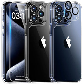 TAURI 5 in 1 for iPhone 15 Pro Case Clear, [Not-Yellowing] with 2X Screen Protector + 2X Camera Lens Protector, [15 FT Military Grade Protection] Slim Shockproof Case for iPhone 15 Pro 6.1 Inch