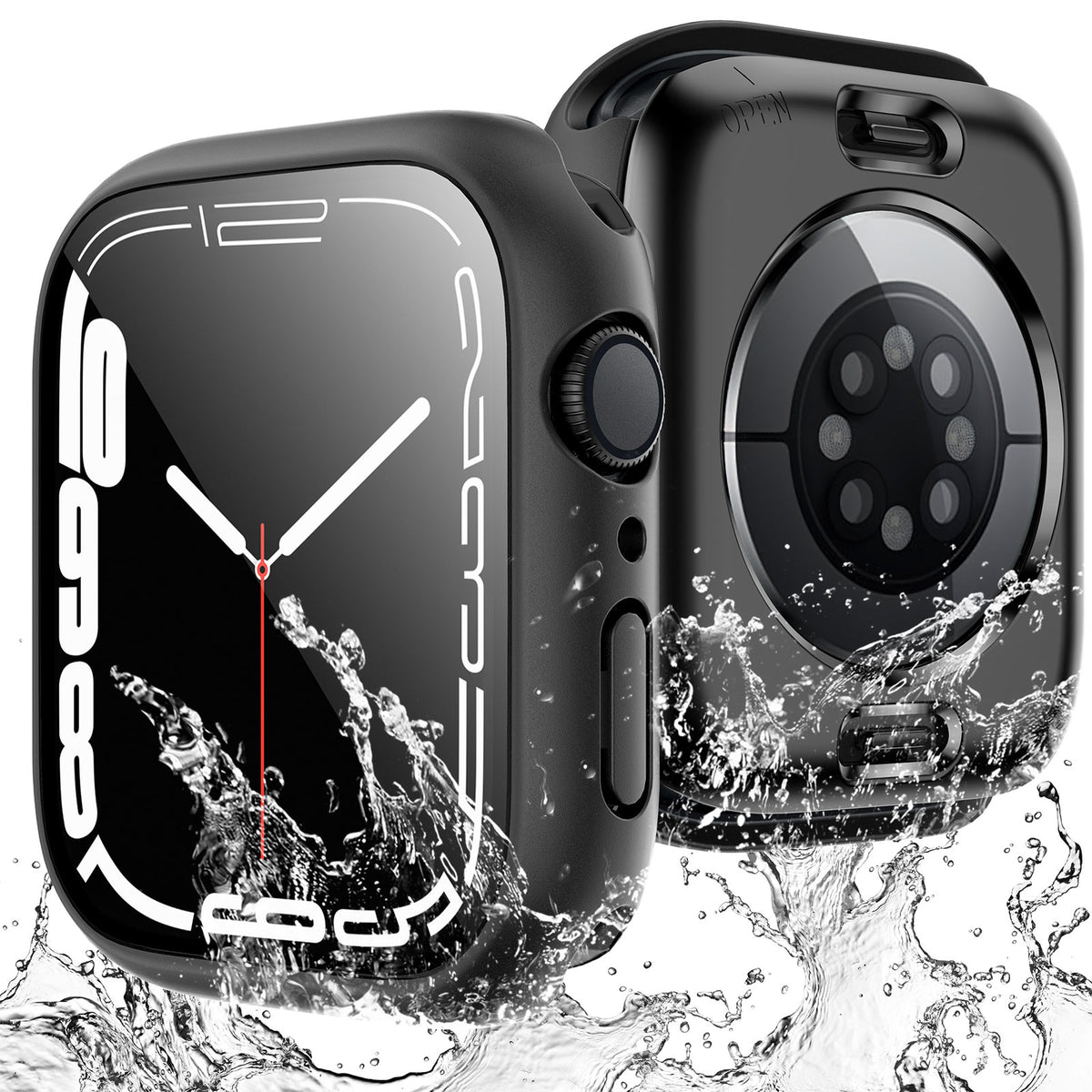 TAURI 2 Pack Waterproof Case Designed for Apple Watch Series 9 (2023) Series 8/7 45mm, [IPX8 Waterproof Certified] with 9H Tempered Glass Screen Protector, [Full Protection] Slim Cover 45mm - Black