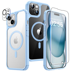 TAURI 5 in 1 Magnetic for iPhone 15 Case Clear, [Designed for Magsafe] with 2X Screen Protectors +2X Camera Lens Protectors, [Not-Yellowing] Shockproof Slim Case for iPhone 15