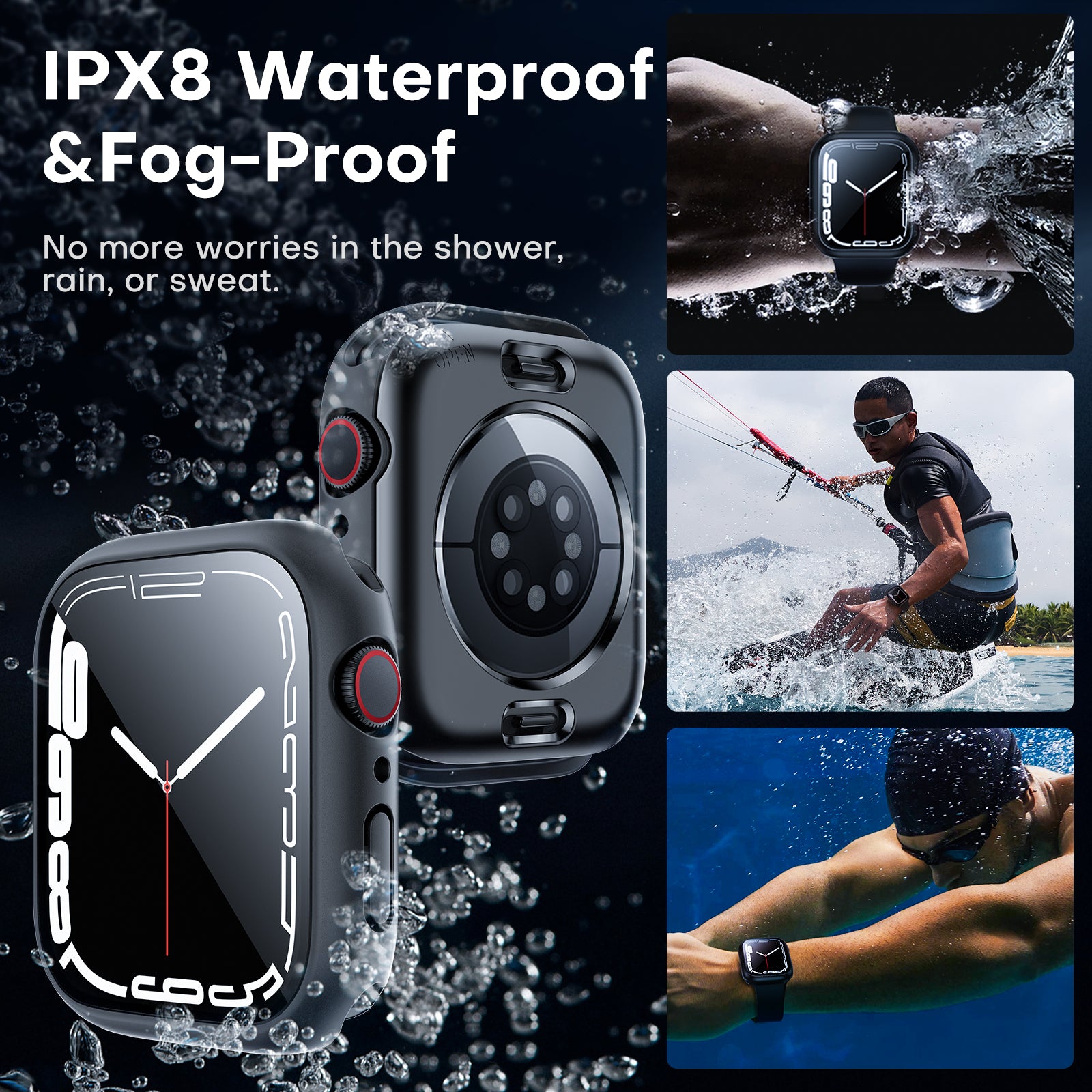 TAURI 2 Pack Waterproof Case Designed for Apple Watch Series 9 (2023) Series 8/7 45mm, [IPX8 Waterproof Certified] with 9H Tempered Glass Screen Protector, [Full Protection] Slim Cover 45mm - Black