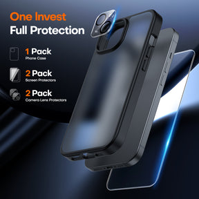 TAURI 5-in-1 for iPhone 15 Case MatteBlack, Translucent Matte Phone Case with 2X Screen Protector +2X Camera Lens Protector, [Military Grade Protection] Shockproof Slim Case for iPhone 15, 6.1"