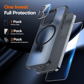 TAURI 5 in 1 Magnetic Case for iPhone 15 Pro Max [Mil-Grade Drop Protection] with 2X Tempered Screen Protector +2X Camera Lens Protector, Translucent Matte Slim Mag-Safe Case 6.7" - Black