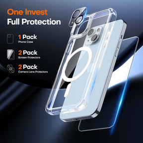 TAURI 5 in 1 Magnetic for iPhone 15 Case Clear, [Designed for Magsafe] with 2X Screen Protectors +2X Camera Lens Protectors, [Not-Yellowing] Shockproof Slim Case for iPhone 15