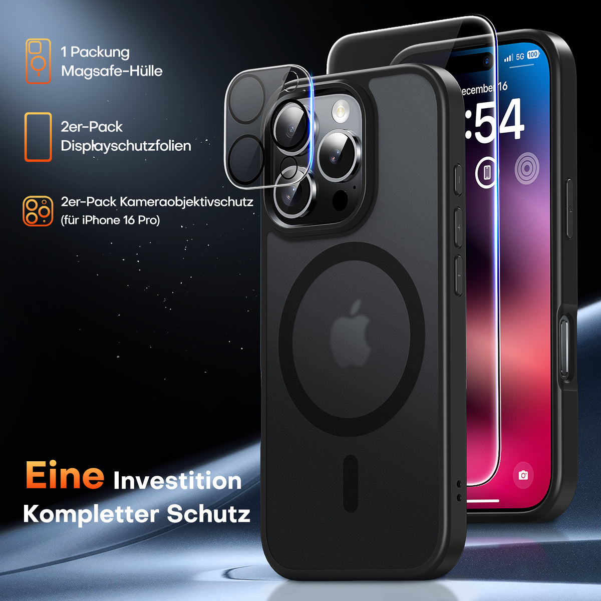 TAURI 5 in 1 for iPhone 16 Pro Case, Compatible with MagSafe [Not-Yellowing] with 2X Screen Protector + 2X Camera Lens Protector, Military-Grade Protection, Magnetic Case for iPhone 16 Pro 6.3", Black