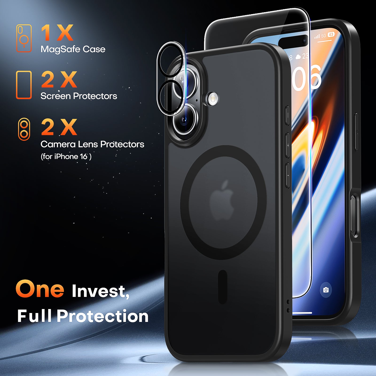 TAURI 5 in 1 for iPhone 16 Case, [Compatible with Magsafe] with 2X Screen Protector +2X Camera Lens Protector, Shockproof Slim Translucent Matte Magnetic Case for iPhone 16 6.1", Matte Black