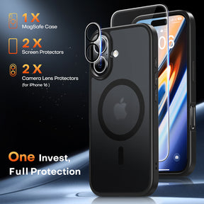 TAURI 5 in 1 for iPhone 16 Case, [Compatible with Magsafe] with 2X Screen Protector +2X Camera Lens Protector, Shockproof Slim Translucent Matte Magnetic Case for iPhone 16 6.1", Matte Black