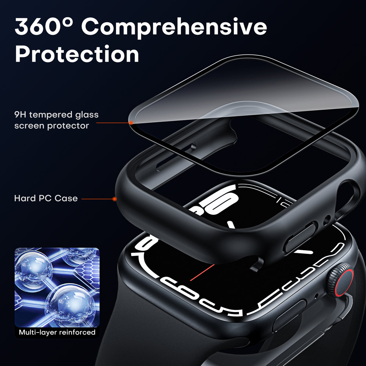 TAURI 2 Pack Waterproof Case Designed for Apple Watch Series 9 (2023) Series 8/7 45mm, [IPX8 Waterproof Certified] with 9H Tempered Glass Screen Protector, [Full Protection] Slim Cover 45mm - Black