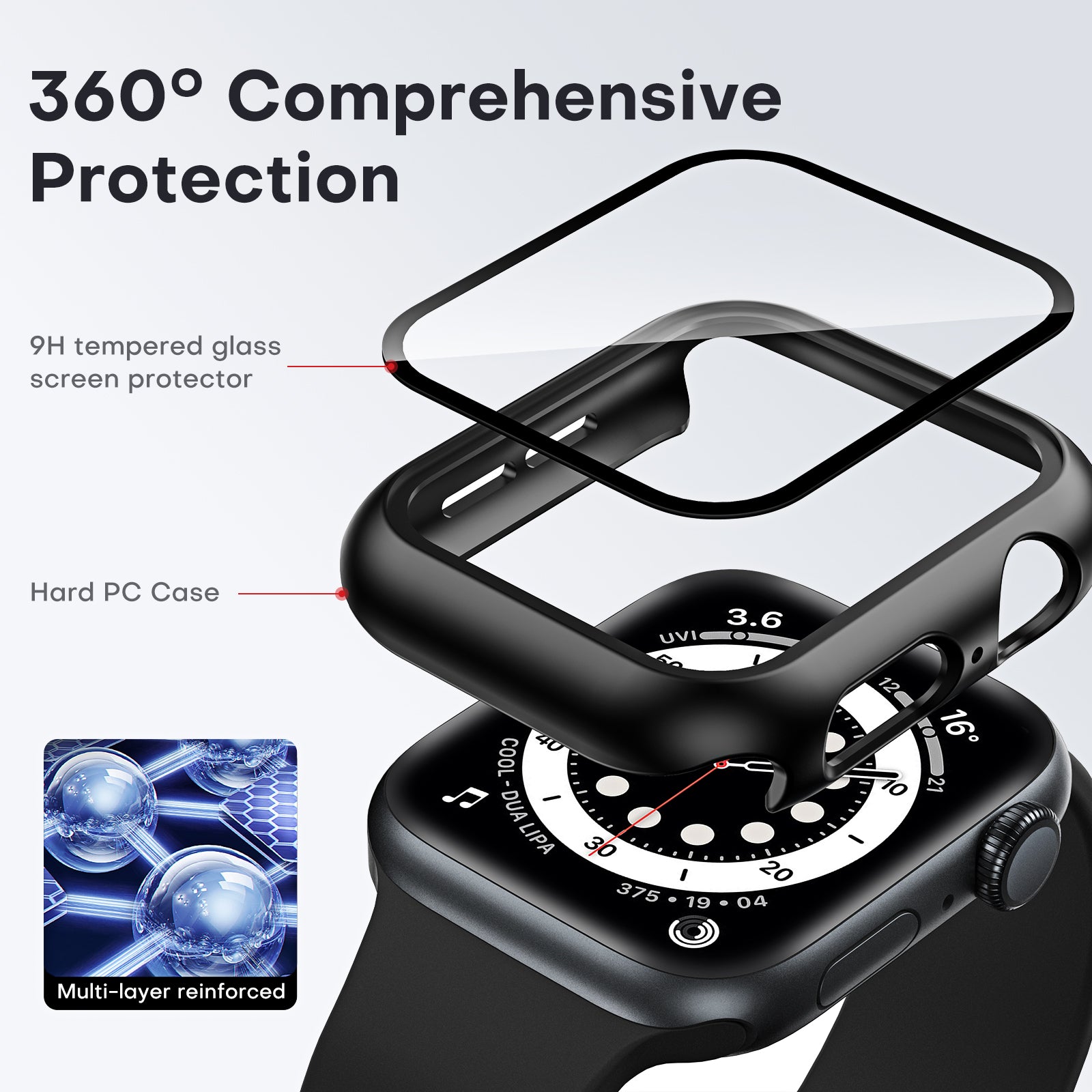 TAURI 2 Pack Hard Case Designed for Apple Watch Series SE 6 5 4 44mm [Full Protection], with 9H Tempered Glass Screen Protector [Touch Sensitive] Slim Bumper Protective Cover 44mm, Black
