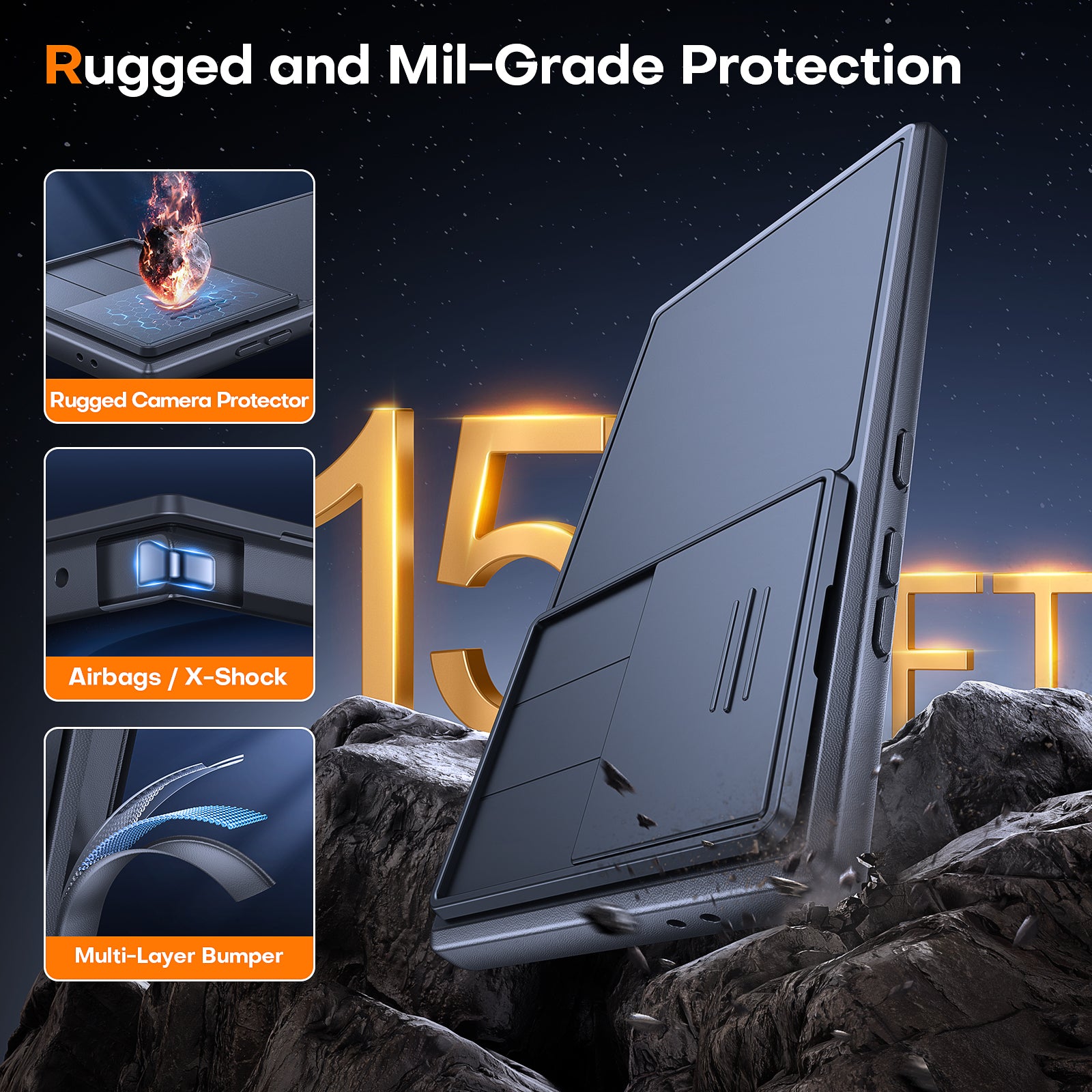 TAURI Kickstand for Samsung Galaxy S24 Ultra Case with Camera Cover, [Rugged Drop Protection] [Slide Camera Cover], Protective Hard Back Soft Edge Phone Case for Galaxy S24 Ultra Case-Titanium Black