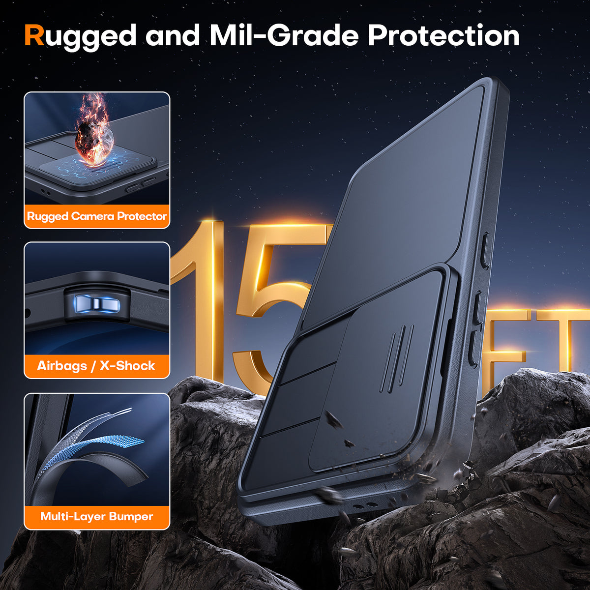TAURI Kickstand for Samsung Galaxy S24 Case with Camera Cover, [Rugged Drop Protection] [Slide Camera Cover], Protective Hard Back Soft Edge Phone Case for Samsung Galaxy S24 Case-Black