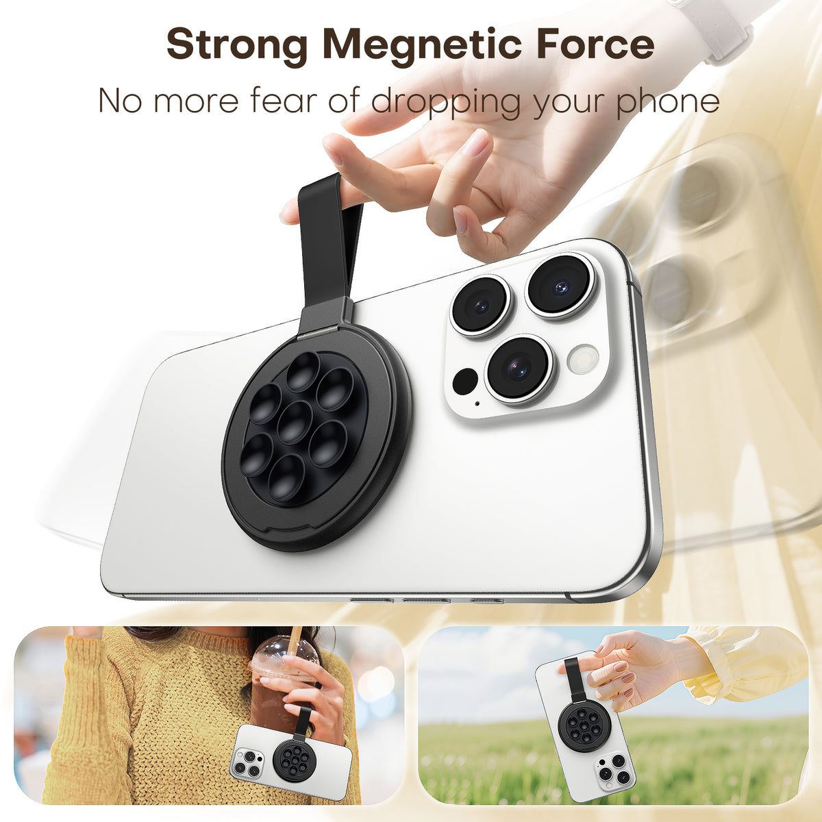TAURI for Magsafe Suction Phone Grip - Universal Magnetic Suction Grip, 360° Rotating Hands-Free Holder, Silicone Suction Grip for iPhone 16 Pro Max/15/Android/S25,Black