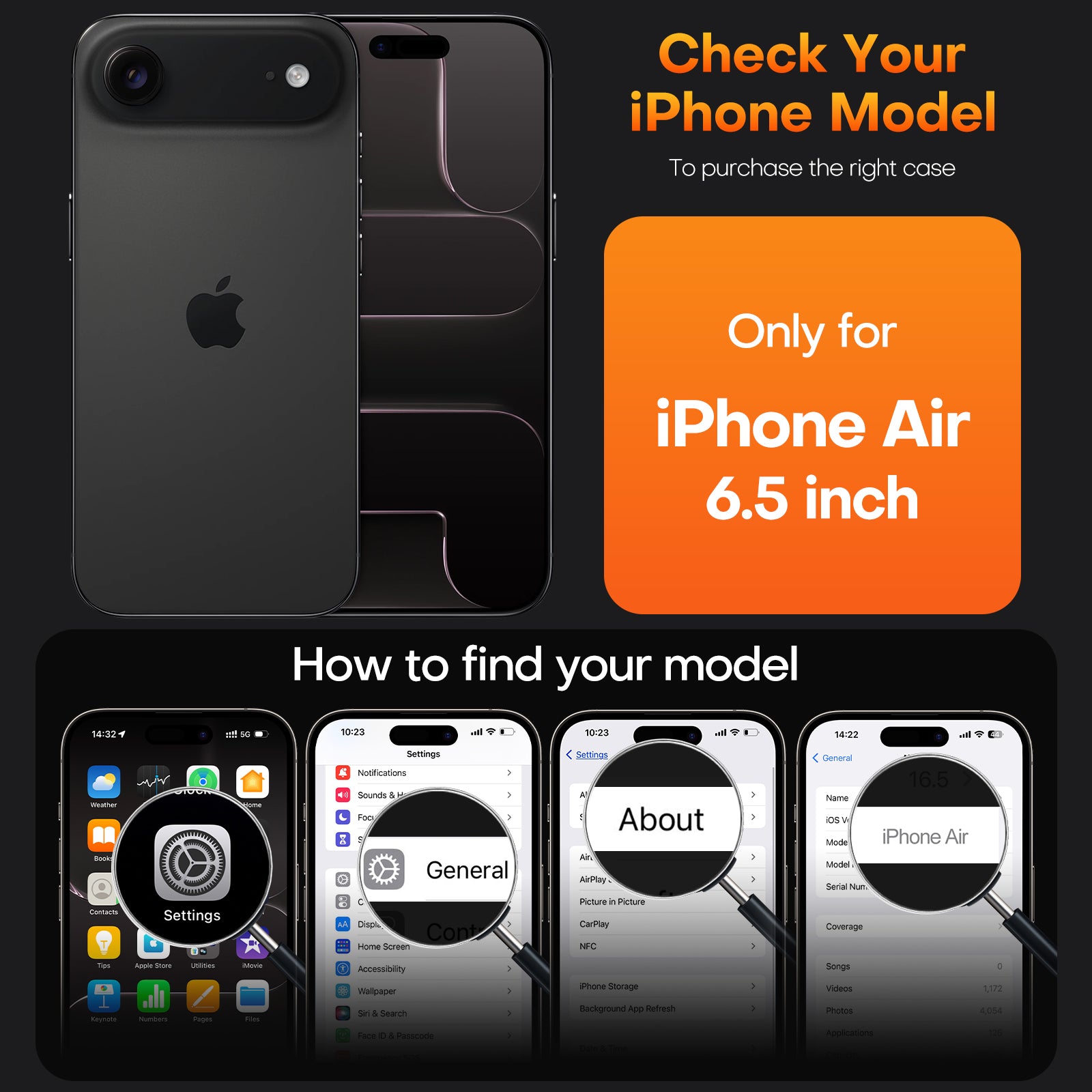 TAURI for iPhone Air Case, Full Camera Protection with Screen Protector, Anti-Yellowing Military-Grade Protection Shockproof Slim Phone Case for iPhone Air, Black