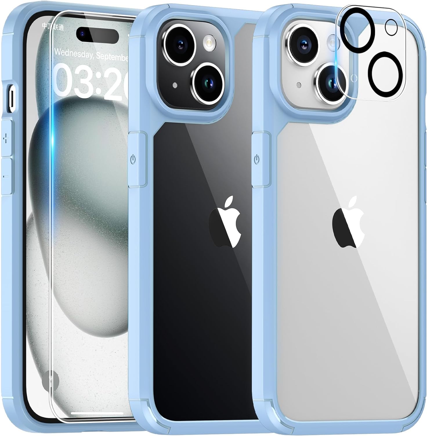 TAURI for iPhone 15 Plus Case, [5 in 1] 1X Clear Case [Not-Yellowing] with 2X Screen Protector + 2X Camera Lens Protector, [Militarized Drop Defense] Slim Phone Case 6.7 inch, Light Blue