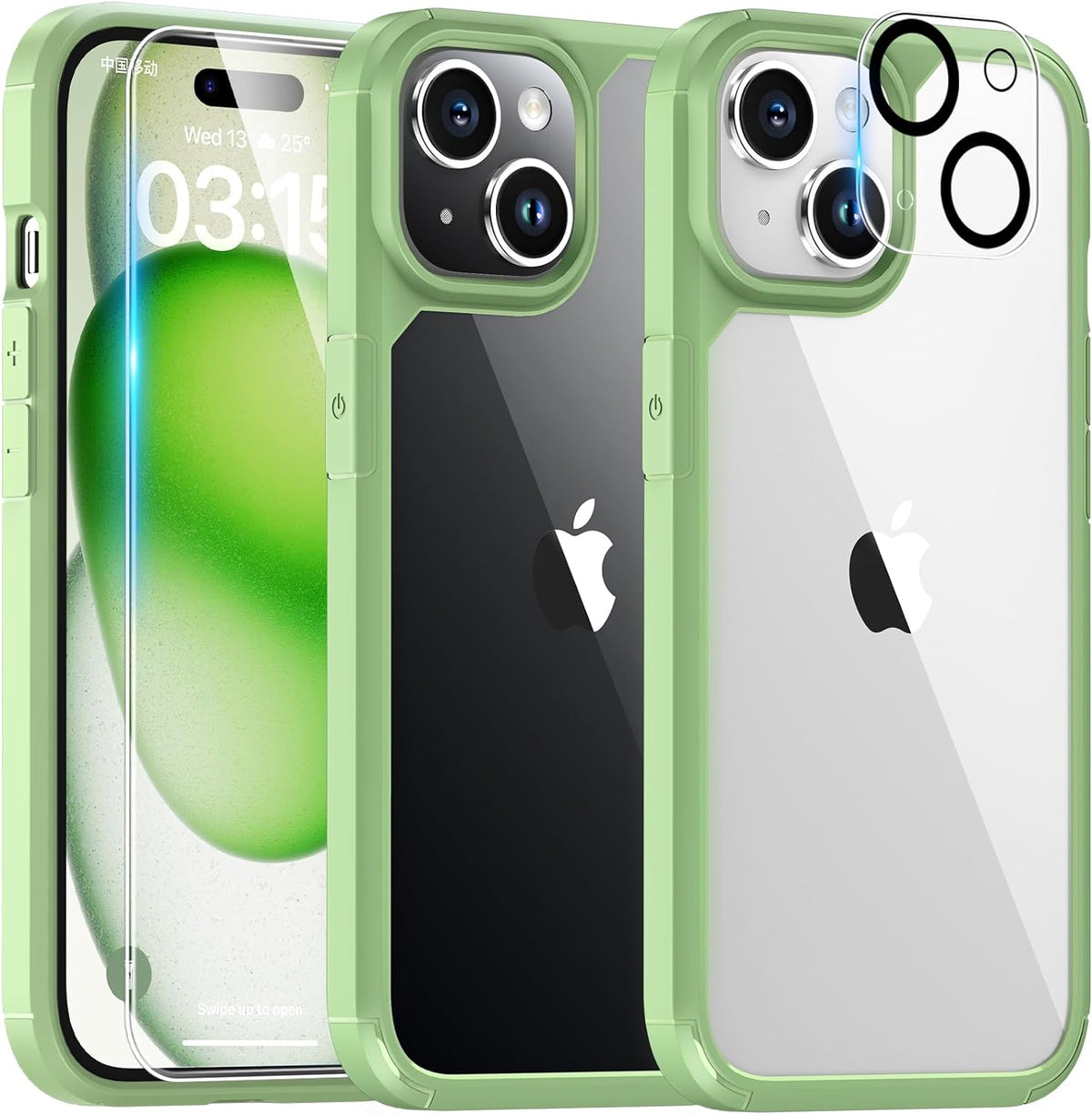 TAURI for iPhone 15 Plus Case, [5 in 1] 1X Clear Case [Not-Yellowing] with 2X Tempered Glass Screen Protector + 2X Camera Lens Protector, [Militarized Drop Defense] Slim Phone Case 6.7 inch, Green