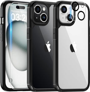 TAURI 5 in 1 for iPhone 15 Case, [Not-Yellowing] with 2X Screen Protectors + 2X Camera Lens Protectors, [Military Grade Drop Protection] Shockproof Slim Phone Case for iPhone 15, Black