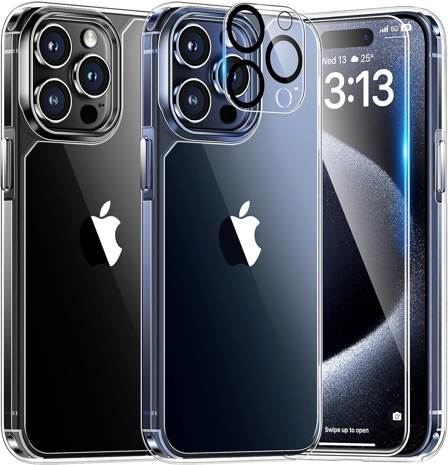 TAURI 5 in 1 for iPhone 15 Pro Max Case Crystal Clear, [Not-Yellowing & Military Drop Defense] with 2X Tempered Glass Screen Protector + 2X Camera Lens Protector, Slim Shockproof Phone Case 6.7 inch