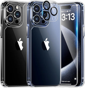 TAURI 5 in 1 for iPhone 15 Pro Max Case Crystal Clear, [Not-Yellowing & Military Drop Defense] with 2X Tempered Glass Screen Protector + 2X Camera Lens Protector, Slim Shockproof Phone Case 6.7 inch