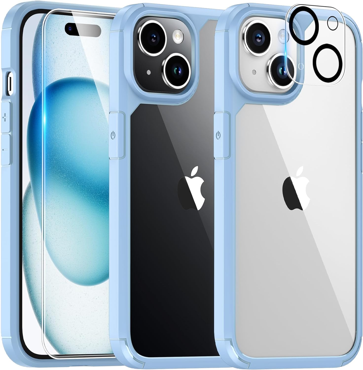 TAURI 5 in 1 for iPhone 15 Case, [Not-Yellowing] with 2X Screen Protectors + 2X Camera Lens Protectors, [Military Grade Drop Protection] Shockproof Slim Phone Case for iPhone 15, Light Blue