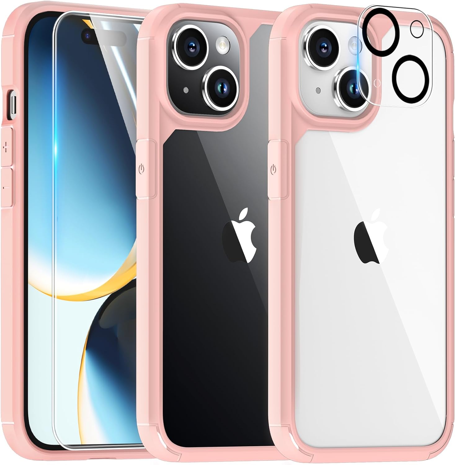 TAURI 5 in 1 Designed for iPhone 15 Plus Case, [Not-Yellowing] with 2X Tempered Glass Screen Protector + 2X Camera Lens Protector, [Military-Grade Drop Protection] Slim Phone Case 6.7 Inch Pink