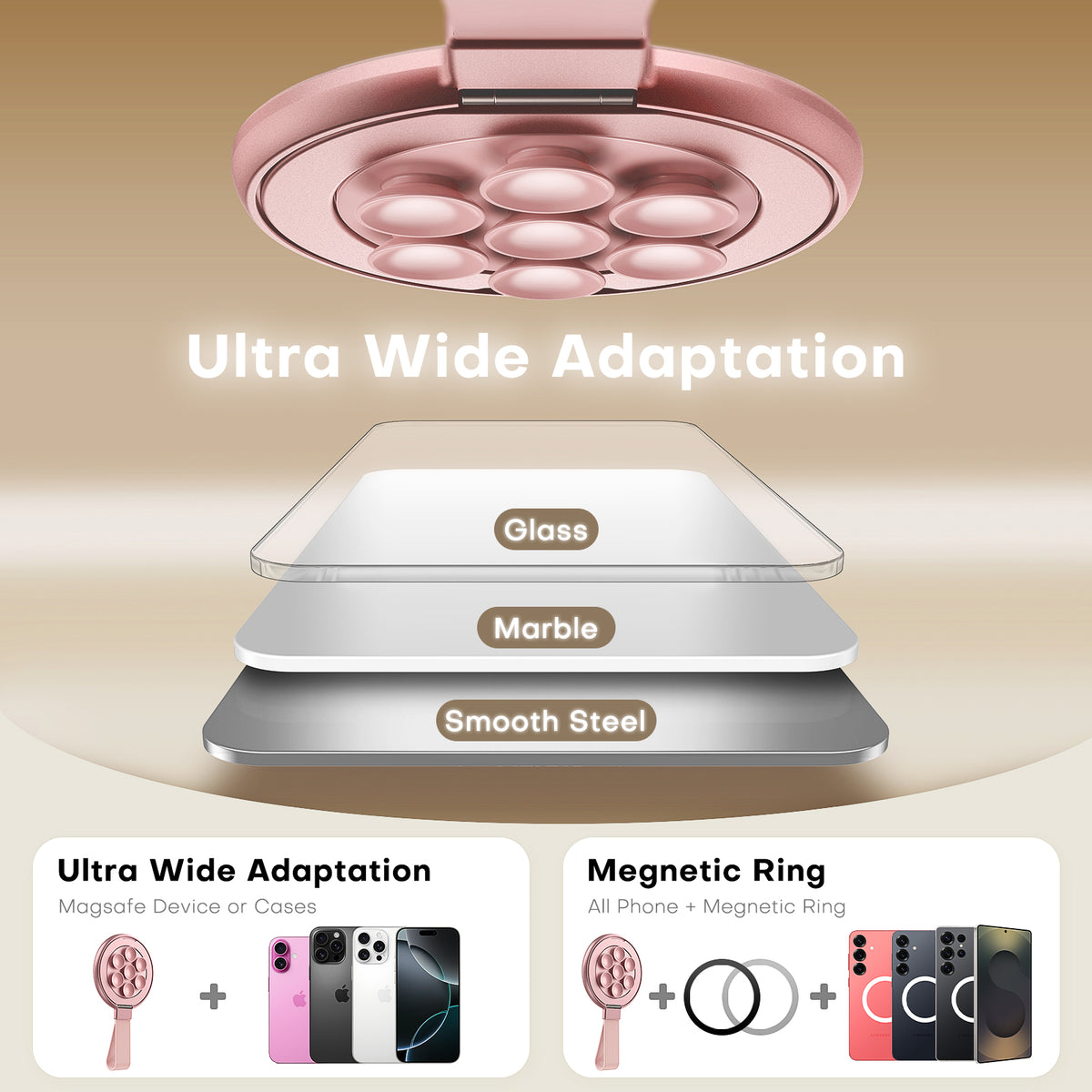 TAURI for Magsafe Suction Phone Grip - Universal Magnetic Suction Grip, 360° Rotating Hands-Free Holder, Silicone Suction Grip for iPhone 16 Pro Max/15/Android/S25,Pink