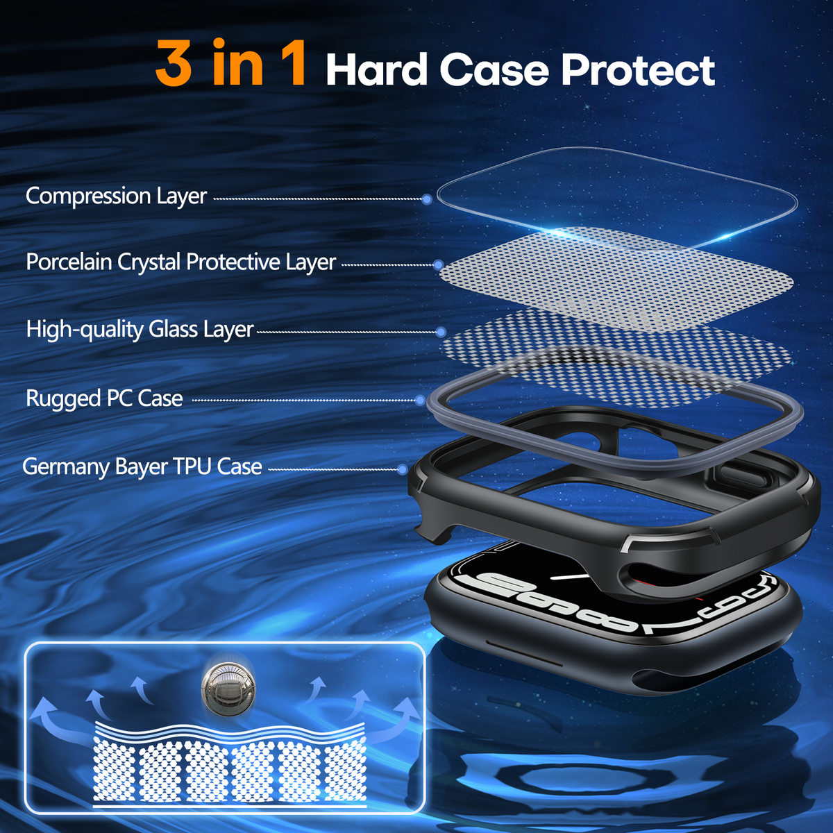 TAURI 2 Pack Apple Watch Series 9/8 / 7 45mm Case with Tempered Glass Screen Protector, [Military Drop Protection] [Anti-Scratch] Shockproof Soft Bumper Protective Cover - Black