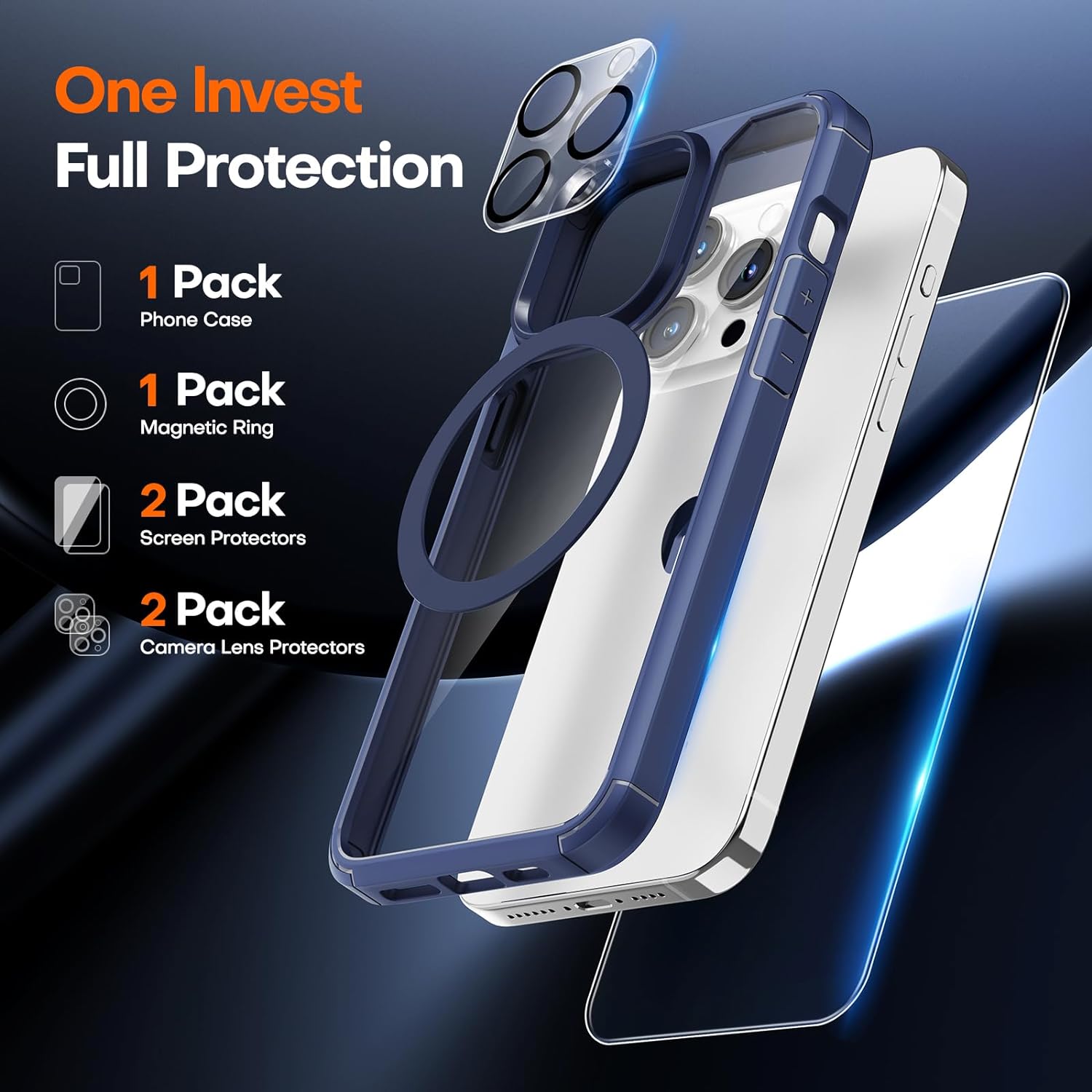 TAURI 5 in 1 for iPhone 15 Pro Case, [Not-Yellowing] with 2X Screen Protector + 2X Camera Lens Protector, [Military Grade Drop Protection] Shockproof Slim Phone Case for iPhone 15 Pro, Blue