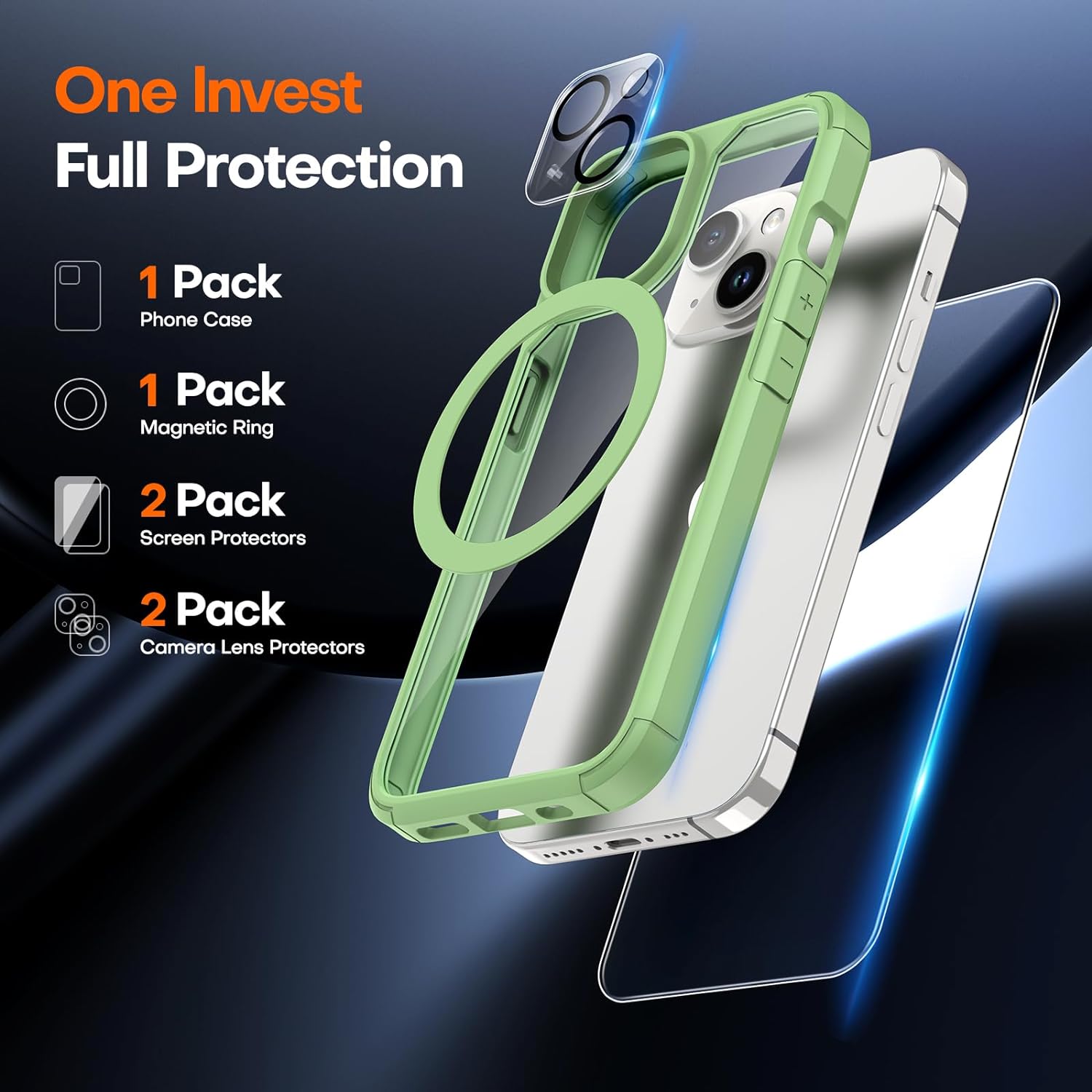 TAURI 5 in 1 for iPhone 15 Case, [Not-Yellowing] with 2X Screen Protectors + 2X Camera Lens Protectors, [Military Grade Drop Protection] Shockproof Slim Phone Case for iPhone 15, Light Green