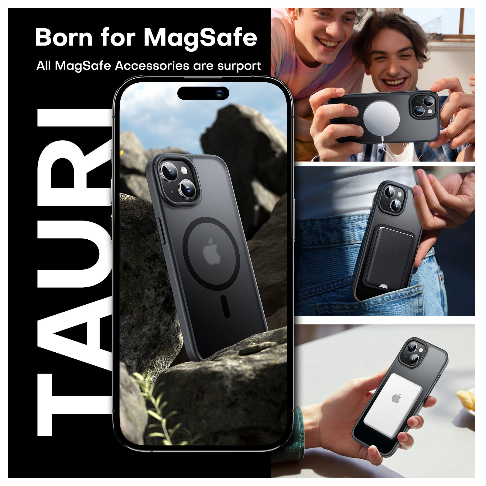 TAURI 5 in 1 Magnetic Case for iPhone 15 Plus [Mil-Grade Drop Protection] with 2X Tempered Screen Protector +2X Camera Lens Protector, Translucent Matte Slim Mag-Safe Case 6.7" - Black