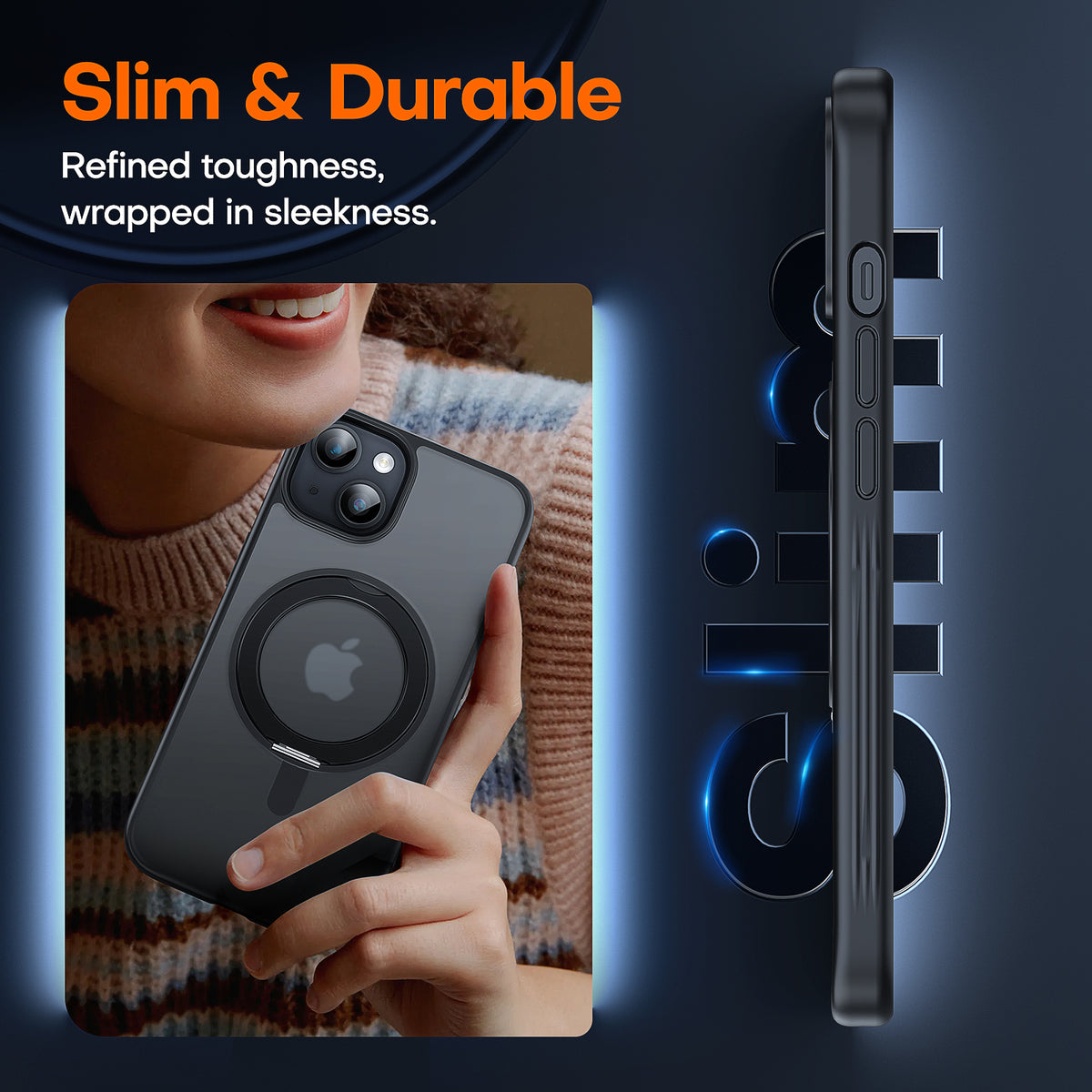 TAURI 360°Rotatable Magnetic Ring for iPhone 15 Case Black, [Designed for Magsafe] with Stand & Ring Holder, Translucent Matte Shockproof Slim Phone Case for iPhone 15, 6.1"