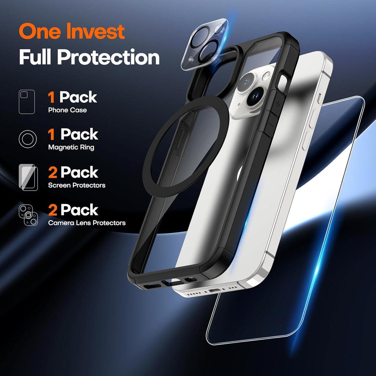 TAURI 5 in 1 for iPhone 15 Case, [Not-Yellowing] with 2X Screen Protectors + 2X Camera Lens Protectors, [Military Grade Drop Protection] Shockproof Slim Phone Case for iPhone 15, Black