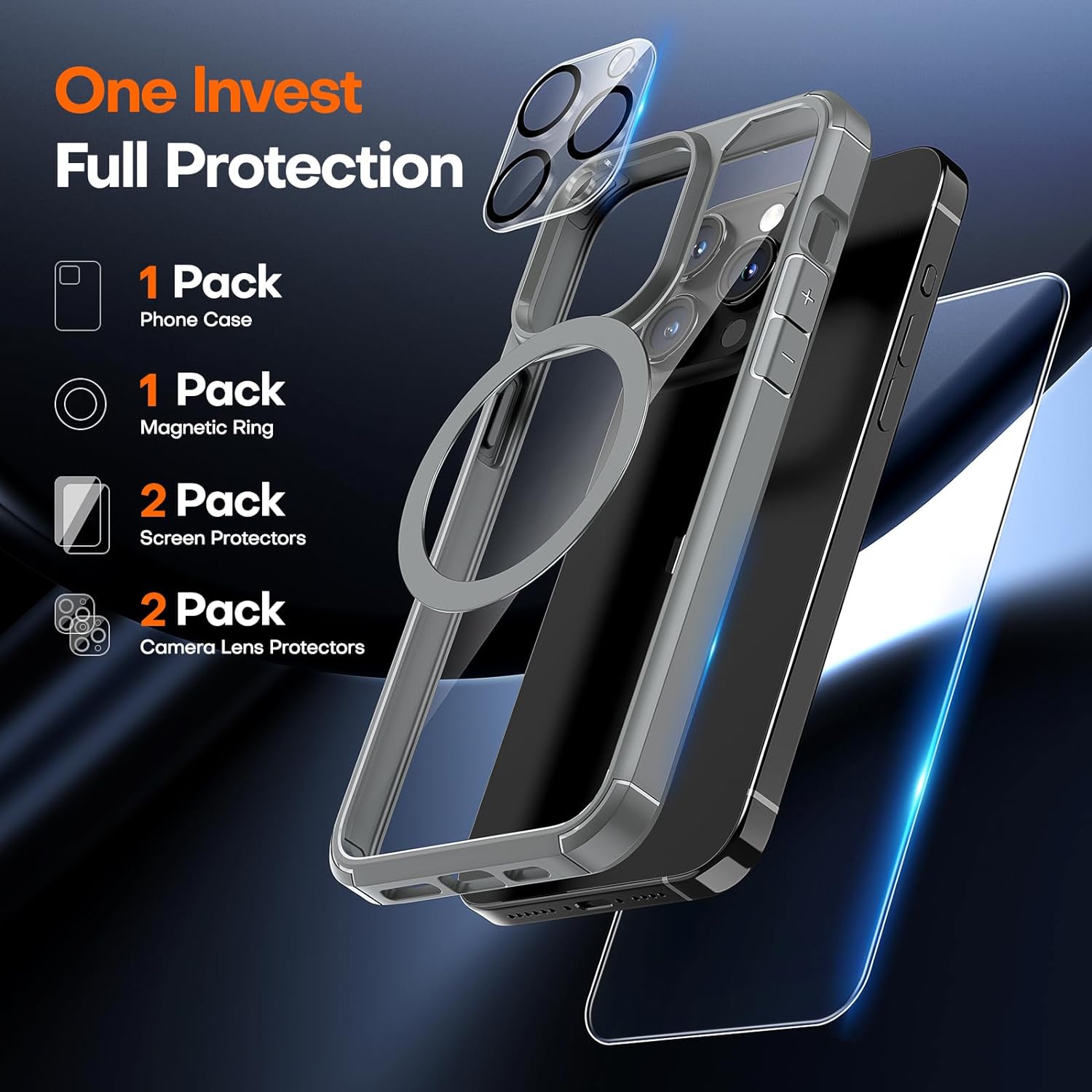 TAURI for iPhone 15 Pro Max Case, [5 in 1] 1X Clear Case [Not-Yellowing] with 2X Tempered Glass Screen Protector + 2X Camera Lens Protector, [Militarized Drop Defense] Slim Phone Case 6.7 inch, Gray