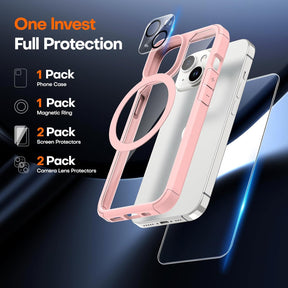 TAURI 5 in 1 Designed for iPhone 15 Plus Case, [Not-Yellowing] with 2X Tempered Glass Screen Protector + 2X Camera Lens Protector, [Military-Grade Drop Protection] Slim Phone Case 6.7 Inch Pink