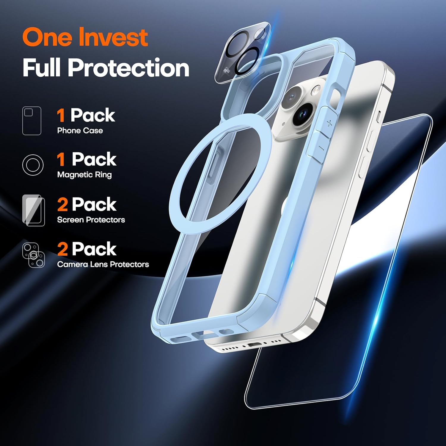 TAURI for iPhone 15 Plus Case, [5 in 1] 1X Clear Case [Not-Yellowing] with 2X Screen Protector + 2X Camera Lens Protector, [Militarized Drop Defense] Slim Phone Case 6.7 inch, Light Blue