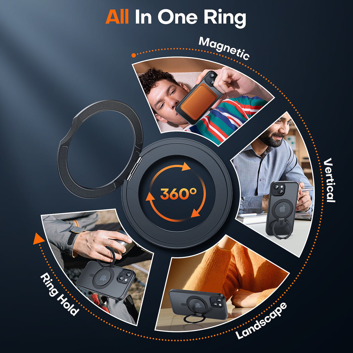 TAURI 360°Rotatable Magnetic Ring for iPhone 15 Case Black, [Designed for Magsafe] with Stand & Ring Holder, Translucent Matte Shockproof Slim Phone Case for iPhone 15, 6.1"
