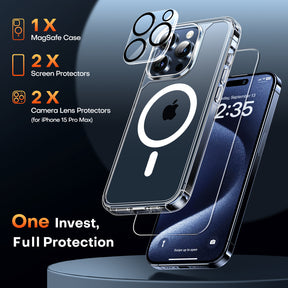TAURI 5 in 1 Magnetic Case for iPhone 15 Pro Max [Mili-Grade Drop Protection] with 2X Screen Protector+2X Camera Lens Protector, Super Transparent Slim for iPhone 15 Pro Max Case Mag-Safe-Clear
