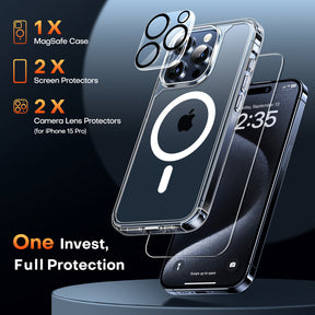 TAURI 5 in 1 Magnetic Case for iPhone 15 Pro [Military Grade Drop Protection] with 2X Screen Protector + 2X Camera Lens Protector, Transparent Slim Fit Case Mag-Safe-Clear